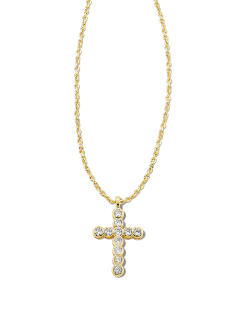 Kendra Scott Cross Crystal Pendant Necklace in Gold with White Crystal, shown on a white background.