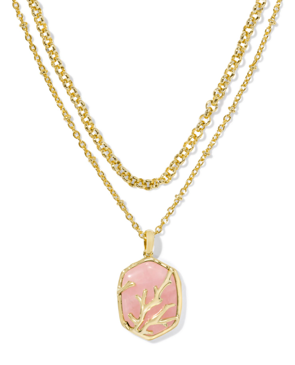 Kendra Scott Daphne Coral gold multi strand necklace with a rose quartz pendant in a branch-inspired frame.