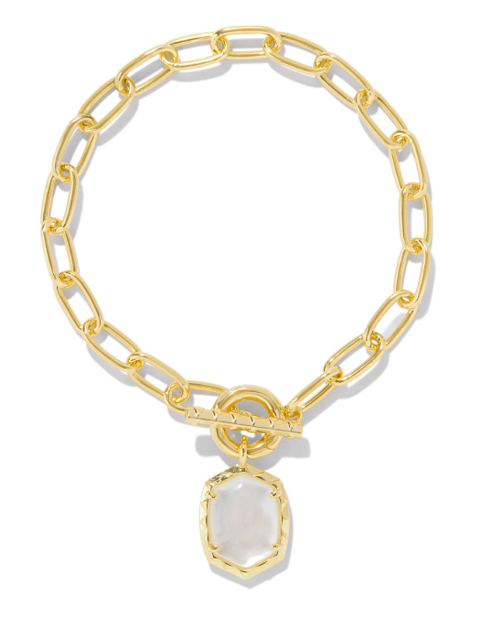 Kendra Scott DAPHNE link and chain bracelet in silver with an ivory mother of pearl charm and toggle clasp.