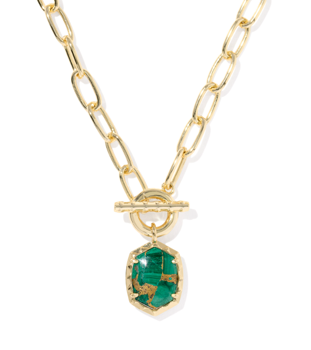 Kendra Scott Daphne gold chain necklace with bronze veined green malachite pendant, shown on a white background.