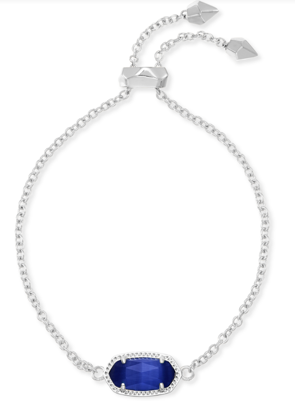 Kendra Scott Elaina bracelet: adjustable rhodium chain with cobalt cat's eye and geometric metal ends.