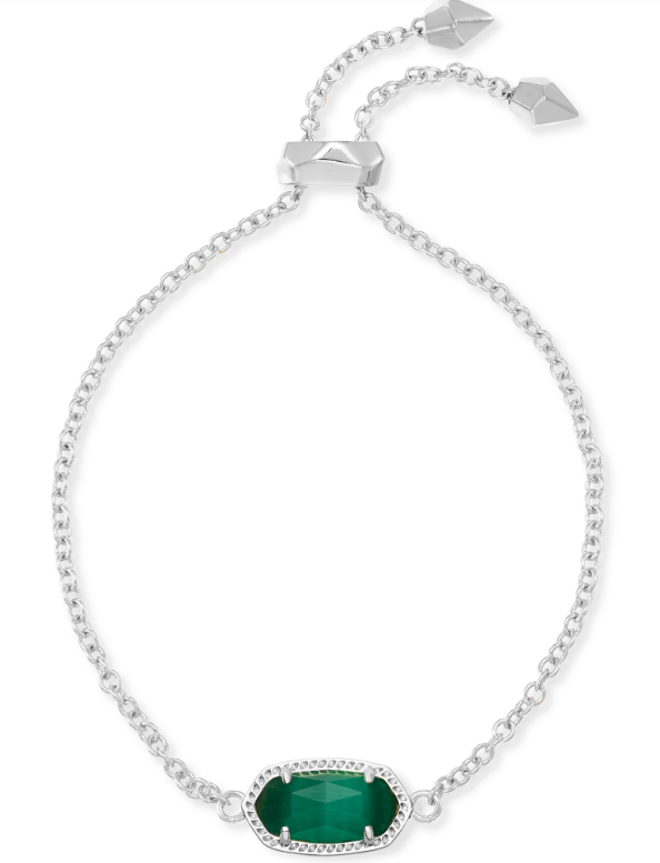 Kendra Scott ELAINA rhodium chain bracelet with an emerald cat’s eye—a versatile essential for everyday style.