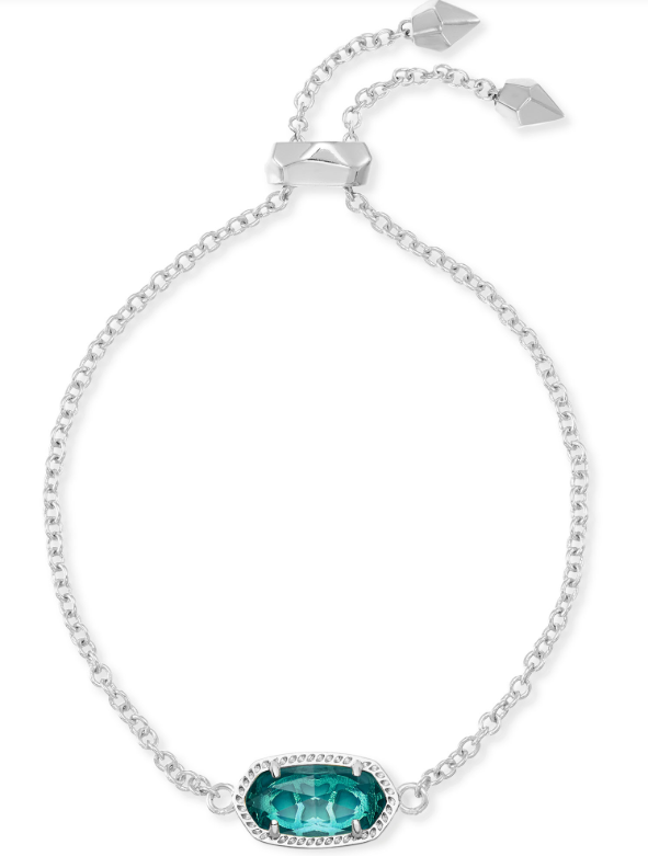 Kendra Scott Elaina Delicate Chain Bracelet: a rhodium chain with an oval London blue stone and adjustable slider.
