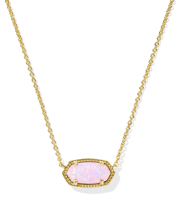 Kendra Scott Elisa gold necklace with blush pink Kyocera opal hexagon pendant in a four-prong bezel setting.