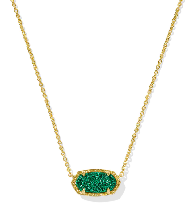 Kendra Scott ELISA Short Gold Necklace with Emerald Drusy pendant on a delicate, textured chain.