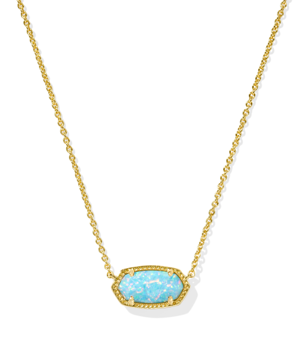 Kendra Scott Elisa short gold necklace with oval Light Teal Kyocera Opal pendant and sparkling accents.
