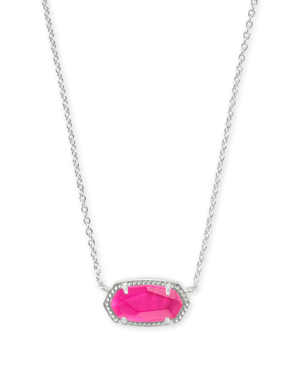 Kendra Scott ELISA Short Pendant Necklace in Rhodium Azalea Illusion features a bold pink oval pendant and sleek silver bezel.