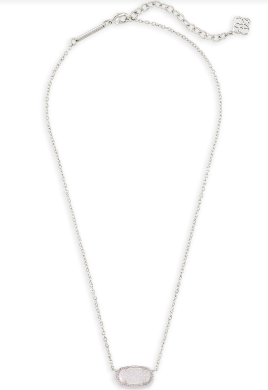 Kendra Scott ELISA Short Pendant Necklace in rhodium with iridescent drusy stone, shown on a white background.