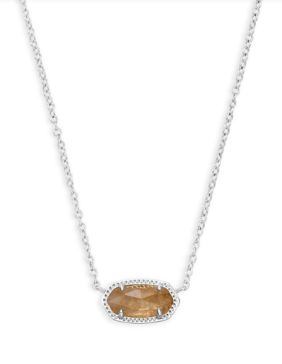 Kendra Scott Elisa Short Pendant Necklace in rhodium with an oval orange citrine quartz stone on a delicate chain.