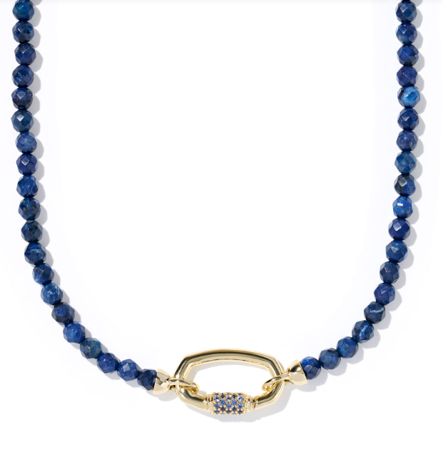 The Kendra Scott EMERY beaded necklace features dark blue quartzite, colorful beads, and a gold clasp.
