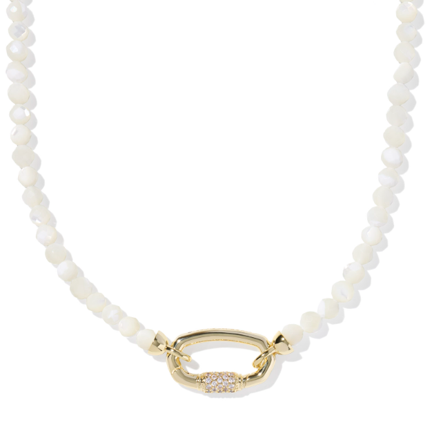Kendra Scott EMERY Gold Strand Necklace with ivory mother-of-pearl beads and crystal accents.