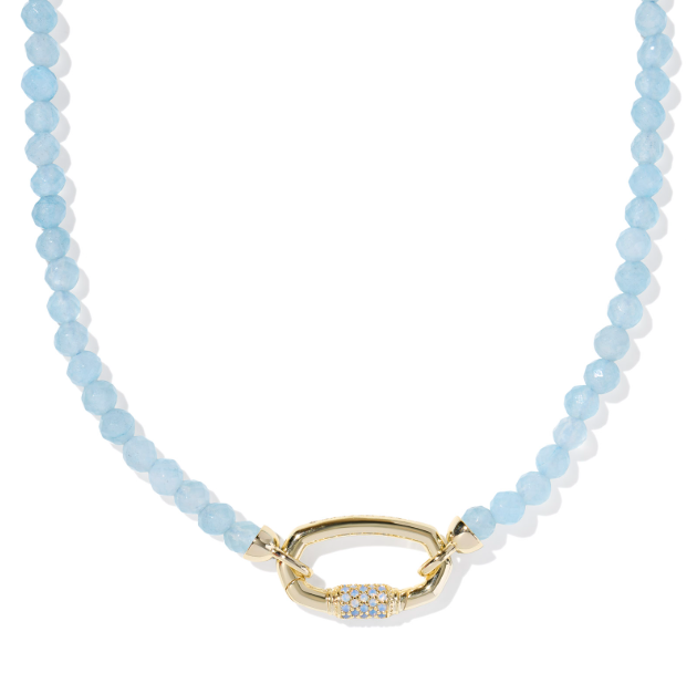 The Kendra Scott Emery Beaded Strand Necklace features gold and light blue chalcedony beads with a gemstone clasp.