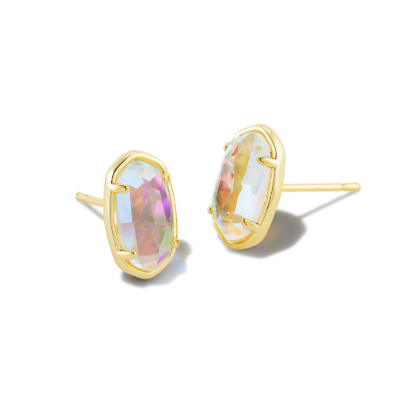 Kendra Scott GRAYSON gold stud earrings feature oval, iridescent dichroic glass gemstones with pastel hues.