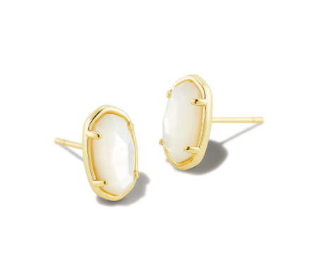 Kendra Scott GRAYSON stud earrings in gold with oval ivory mother-of-pearl stones, shown on white background.