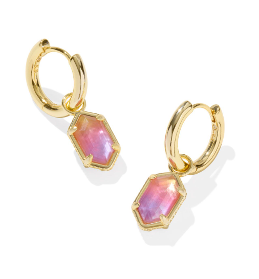 Kendra Scott Hallie Huggie Earrings in gold with sunrise watercolor illusion hexagonal pendants.