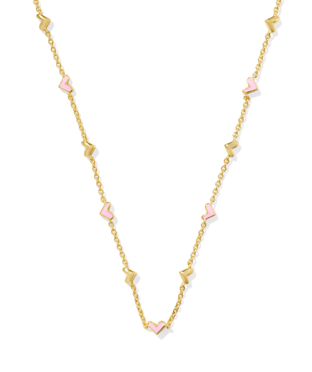 Kendra Scott HAVEN Strand Necklace features alternating pink enamel and gold hearts on a delicate gold chain.