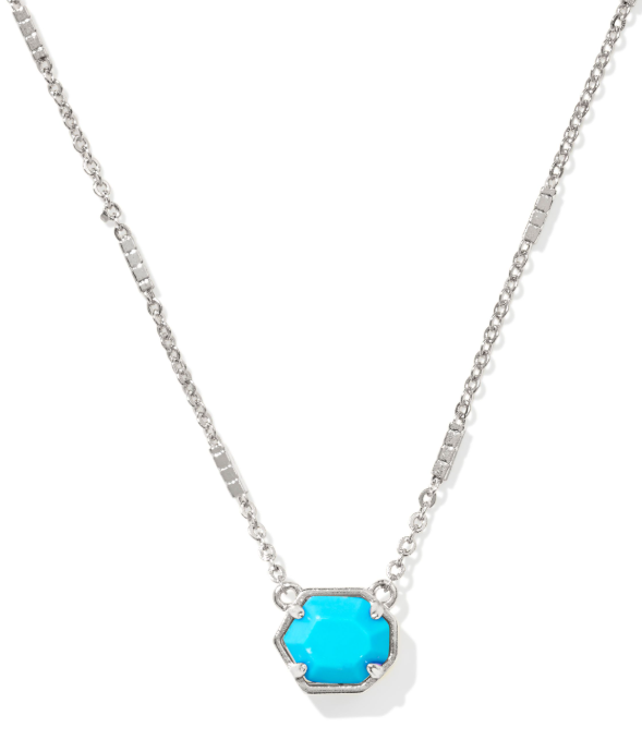 Kendra Scott Mabel Necklace in silver features a hexagonal turquoise pendant set in a sleek silver bezel.