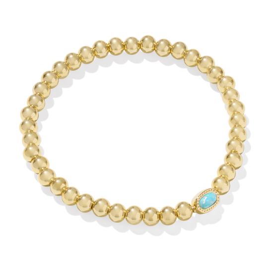 Kendra Scott MINI ELAINA Stretch Bracelet in Gold with Light Teal Kyocera Opal, shown on a white background.