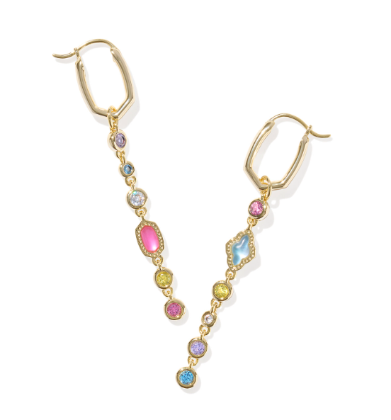 Kendra Scott MINI ELISA ABBIE HUGGIE gold multi-mix earrings with elegant chain details on a white background.