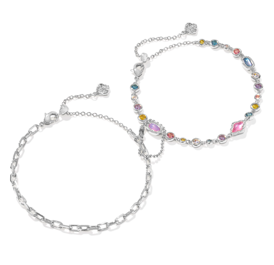 Kendra Scott MINI ELISA ABBIE set: two delicate silver chain bracelets, one plain, one with colorful gemstones.