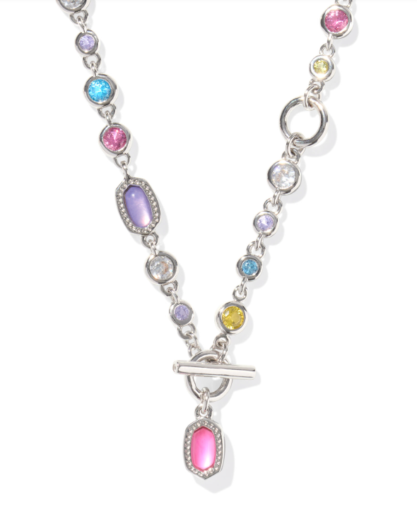 Kendra Scott MINI ELISA ABBIE STRAND NECKLACE in Silver Multi Mix with gemstones and toggle clasp on white background.