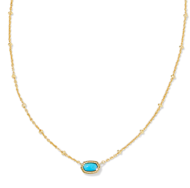 Kendra Scott MINI ELISA gold satellite chain necklace with pearls and a turquoise magnesite pendant.