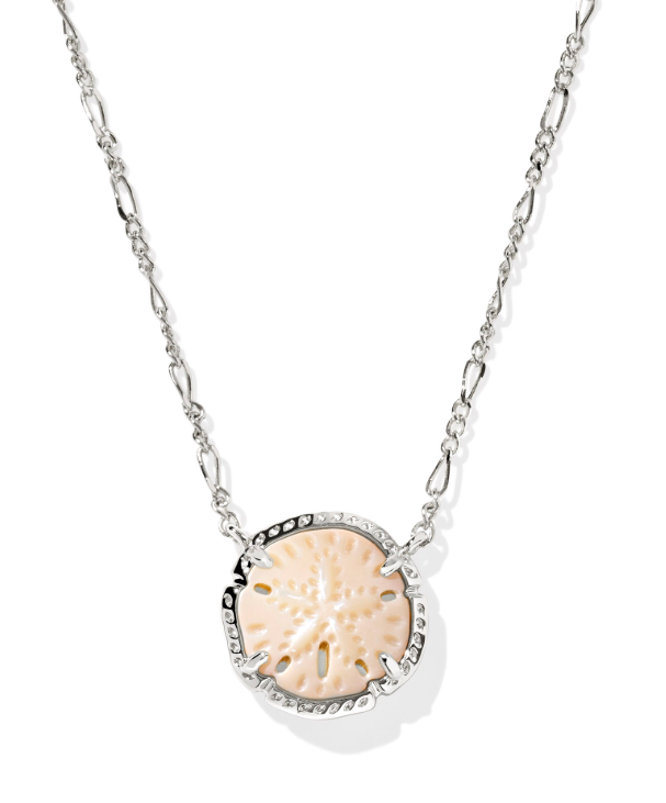 Kendra Scott Sand Dollar Short Pendant Necklace in silver with a natural mother-of-pearl round sand dollar pendant.