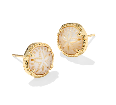 Kendra Scott Sand Dollar Stud Earrings in gold feature natural mother-of-pearl centers and textured gold edges.