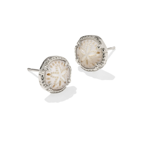 Kendra Scott Sand Dollar Stud Earrings feature round silver bezels with natural mother-of-pearl accents.