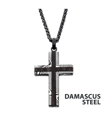 Inox Black IP Damascus Steel Cross Pendant with ebony wood inlay, men's necklace. Beside: "DAMASCUS STEEL".