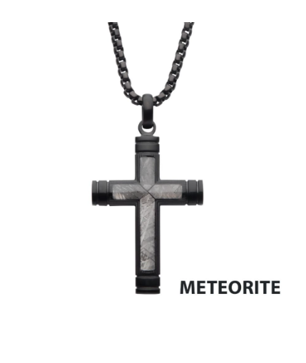 Inox Meteorite Inlay Cross Pendant on a black IP box chain for men, featuring METEORITE label on the right.