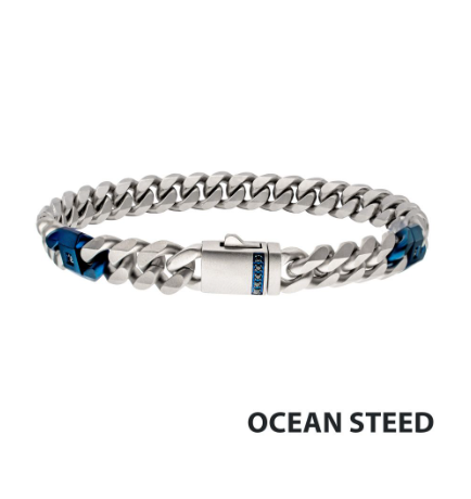 Inox OCEAN STEED: Matte steel Cuban bracelet with two blue IP links & black sapphire, men's ocean-inspired jewelry.