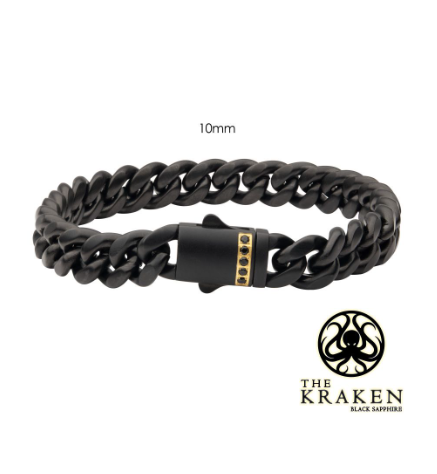 Inox 10mm Black IP Steel Miami Cuban Chain Bracelet with 1.6mm black sapphire, beside The Kraken logo.