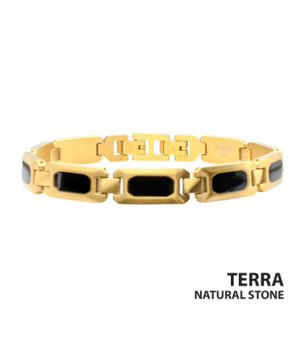 Inox 18Kt Gold IP matte steel link bracelet with black onyx inlays, displayed on white with TERRA NATURAL STONE.