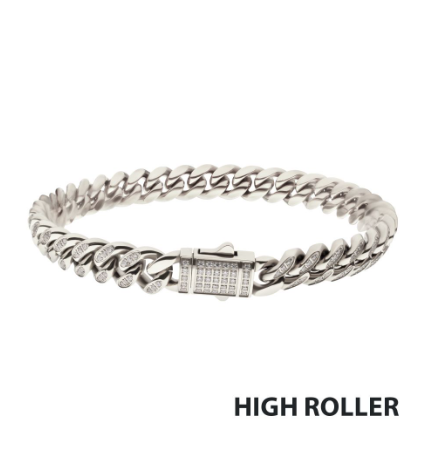 Inox 8mm stainless steel Miami Cuban chain bracelet with CNC set clear cubic zirconia clasp, labeled HIGH ROLLER.