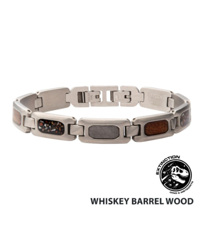 Inox men's matte stainless steel bracelet with meteorite, whiskey barrel wood & black dinosaur bone inlay.