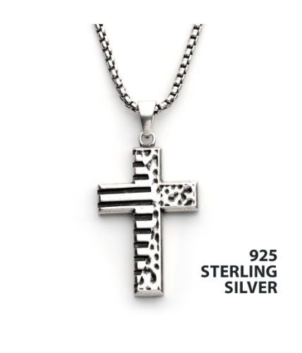 Inox 925 Silver Oxidized Coin Stamped Cross Pendant with box chain, labeled “STERLING SILVER.”.
