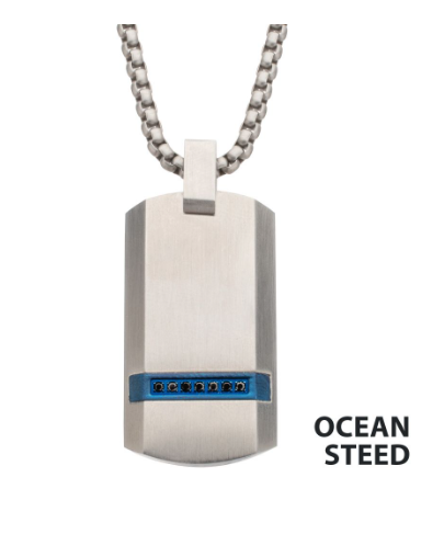 Inox OCEAN STEED steel blue dog tag pendant with black sapphire and beveled strip, matte finish.