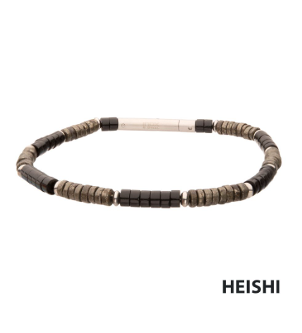 The Inox Shadow Wolf (Onyx/Pyrite) Heishi Bead Bracelet features alternating black onyx and metallic pyrite beads.