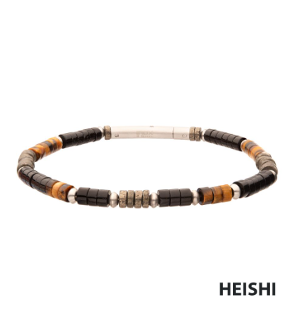 Inox Pyro Sentinel Heishi bead bracelet for men with onyx, pyrite, and tiger-eye beads.