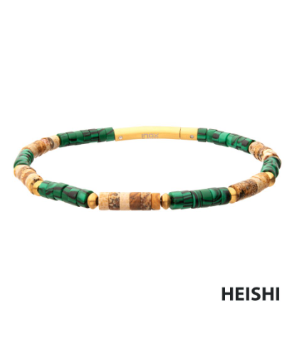 Inox TerraFirm Heishi Bead Bracelet with brown jasper and malachite beads, shown on white with INOX text.