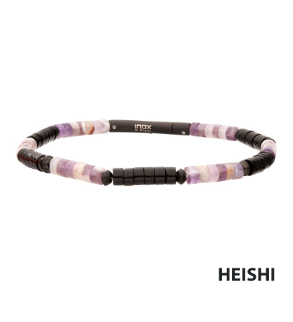 Inox Imperial Dusk (Amethyst/Onyx) Heishi Bead Bracelet with purple, white, and black beads; "HEISHI" in corner.