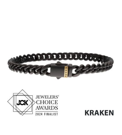 Inox 8mm Black IP Steel Cuban Chain Bracelet with black sapphire gem; 2024 JCK Jewelers’ Choice finalist.