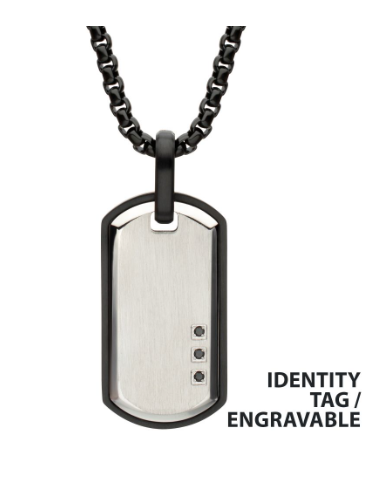 Inox Satin Finish Stainless Steel Tag Pendant features 3 Black Spinel and a black chain, ready for engraving.