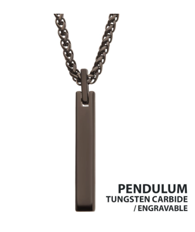 Inox Black IP Tungsten Carbide Monolith Pendant—engravable for a personal touch; stainless steel wheat chain included.