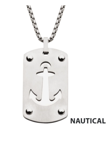 Inox Stainless Steel Etched Anchor Dog Tag Pendant with Box Chain. "NAUTICAL" is written beside the pendant.