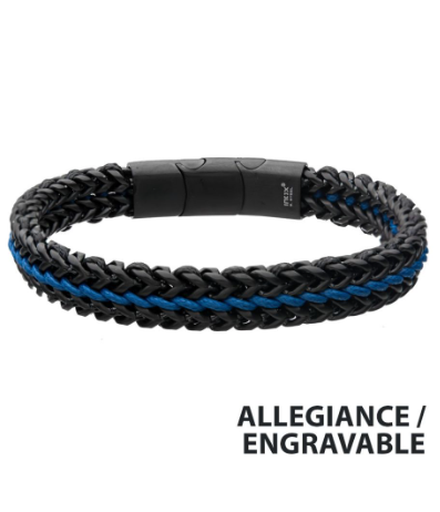 Inox Antique Finish Black IP Steel Foxtail Chain with Blue Wax Cord Bracelet, engravable, shown with ALLEGIANCE text.