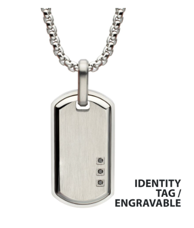 Inox Satin Finish Identity Tag Pendant with 3 Black Spinel, engravable stainless steel men's necklace.