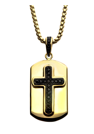 Inox Black IP Cross with black CZ inlay and Gold IP dog tag pendant on a men's steel box chain.