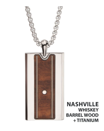 Inox Titanium pendant with whiskey barrel wood inlay and guitar string, inspired by Nashville roots.